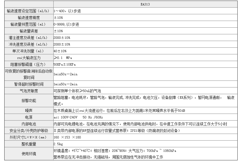 腸內(nèi)營養(yǎng)泵 EA313 參數(shù)